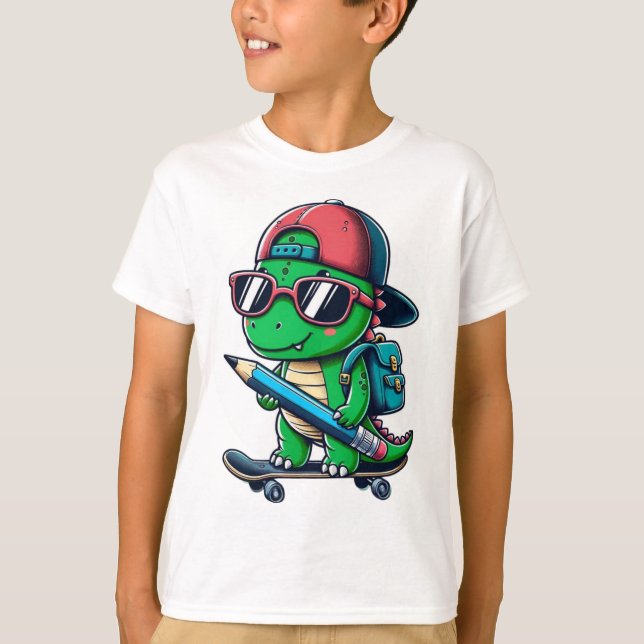 Camiseta Legal Dino Skateboard de volta à Arte Escolar (Frente)