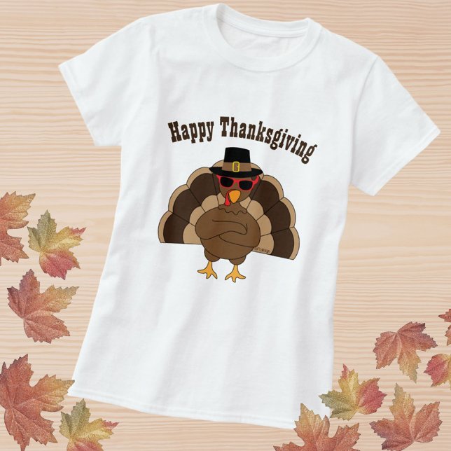 Camiseta Legal e divertido peru Feliz Ação de Graças texto  (Cool Turkey with sunglasses Happy Thanksgiving T-Shirt with custom text)