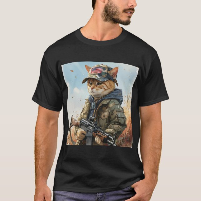 Camiseta Legal Gato de MAGA com Arma e Camuflagem AMÉRICA F (Frente)