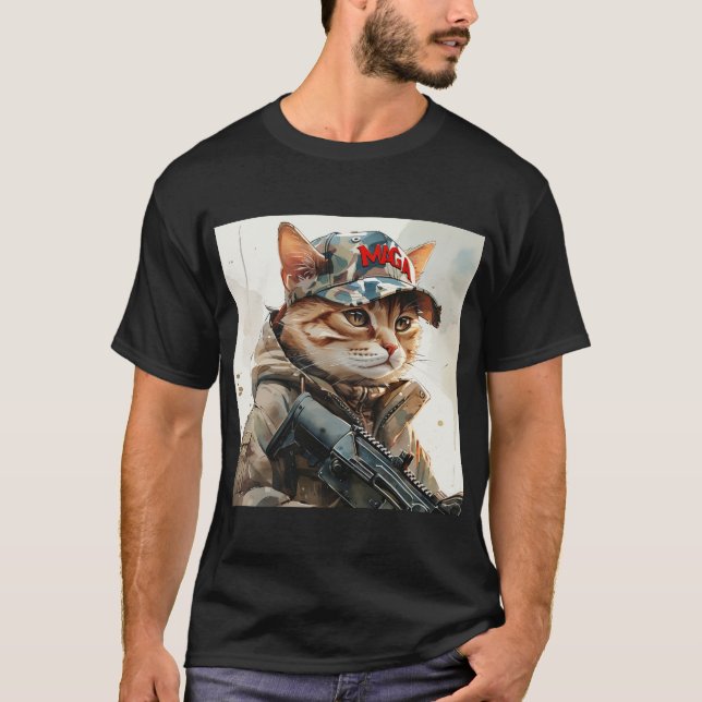 Camiseta Legal Gato de MAGA com Arma e Cuflagem de Camuflag (Frente)