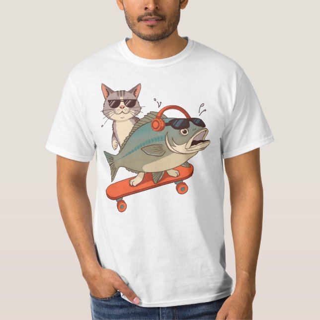 Camiseta Legal Gato e Carpa no skate - Óculos de sol e calo (Frente)