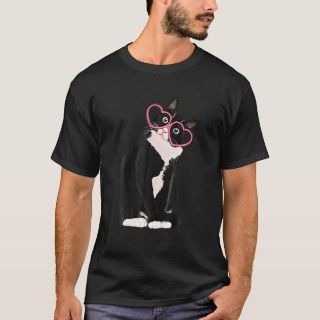Camiseta Legal Gato Negro Gato Vermelho Óculos de Coração F (Frente)