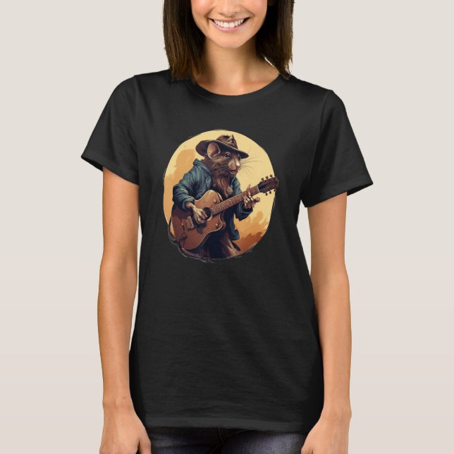 Camiseta Legal guitarrista Rato com Chapéu de Cowboy e Gu a (Frente)