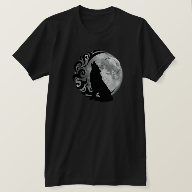 Camiseta Legal Lobo Negro Negro Estrela da Lua Cheia Magia  (Frente do Design)