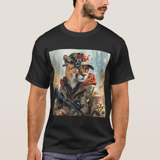 Camiseta Legal MAGA Grande Gato com Arma e Camuflagem (Frente)