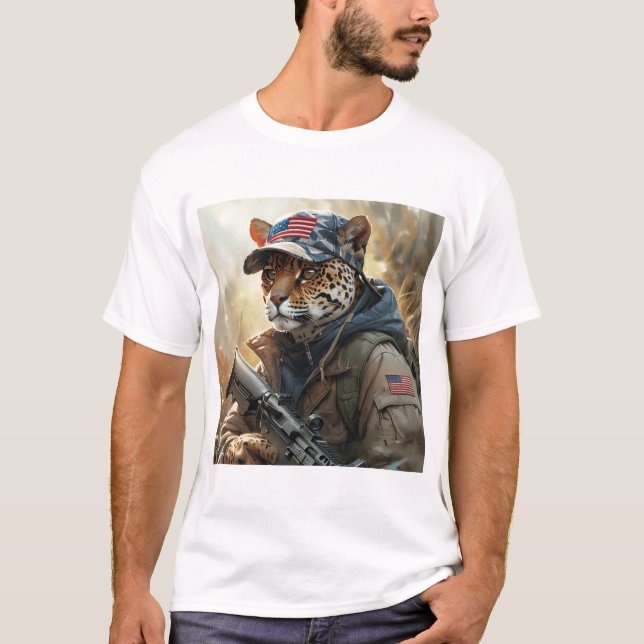 Camiseta Legal MAGA Grande Gato com Arma e Camuflagem JAGUA (Frente)