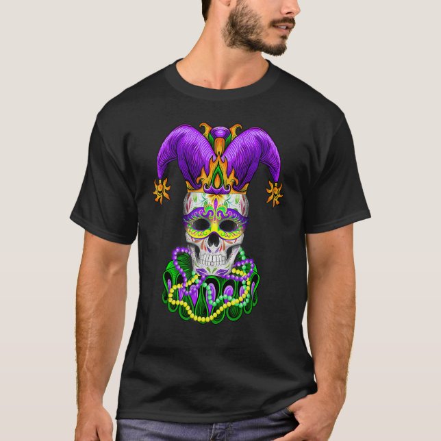 Camiseta Legal Mardi Gras Skull Jester Hat Miçangas mascara (Frente)