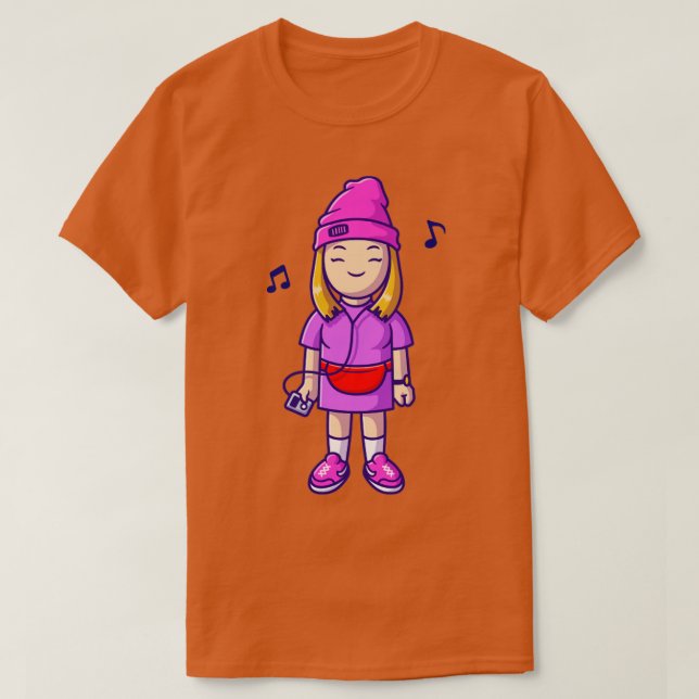 Camiseta Legal Menina Ouvindo Música Com Cartoon De Telefon (Frente do Design)
