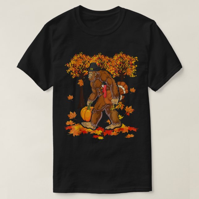 Camiseta Legal Pé-Grande Segurando Pumpkin E Turquia Graças (Frente do Design)