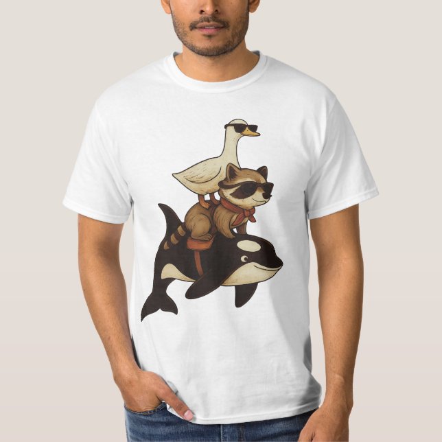 Camiseta Legal Raccoon e Duck Riding Orca (Frente)