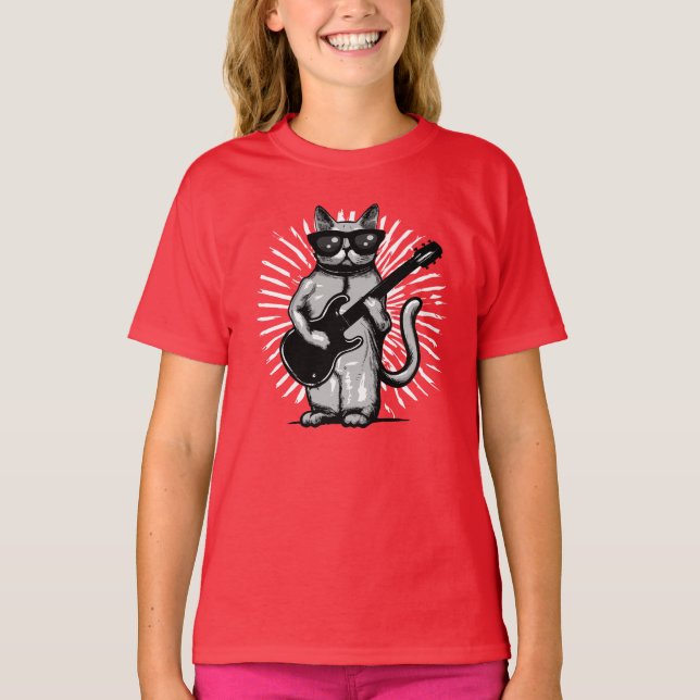 Camiseta Legal Rock E Roll Cat Tocando Violão Elétrico (Frente)