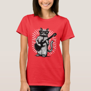 Camiseta Legal Rock E Roll Cat Tocando Violão Elétrico