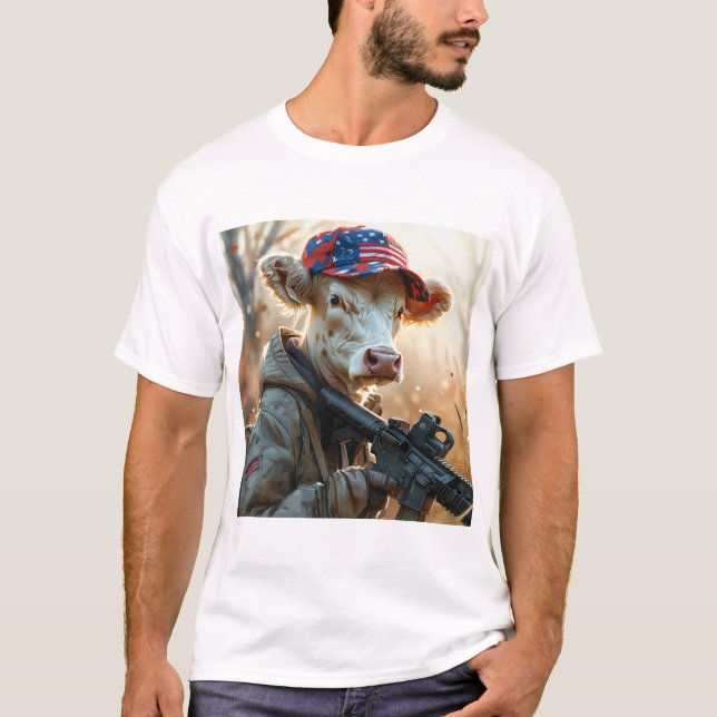 Camiseta Legal Vaca MAGA com Arma e Camuflagem AMÉRICA Cura (Frente)