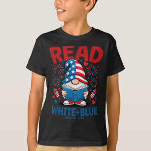 Camiseta Leia Gnome Branco Azul EUA Lendo Fogos de Artifíci