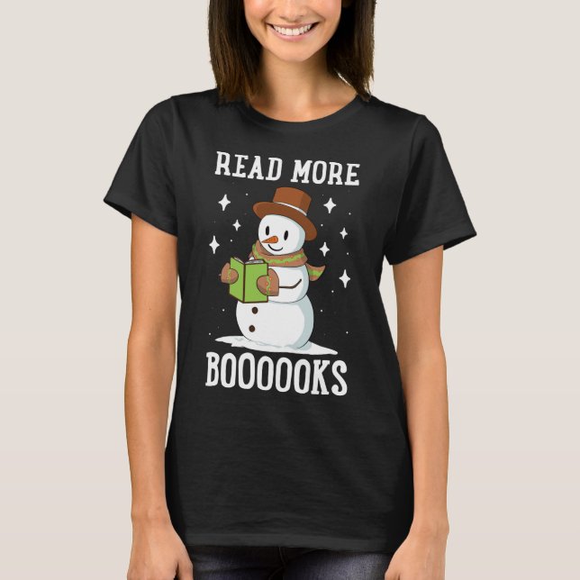 Camiseta Leia Mais Livros Biblioteca de Natal Snowman Readi (Frente)