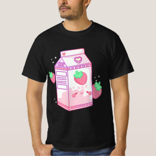 Camiseta Leite de morango cor-de-rosa pinto Japonês Kawaii 