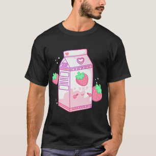 Camiseta Leite de morango cor-de-rosa pinto Japonês Kawaii