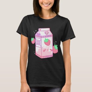 Camiseta Leite de morango cor-de-rosa pinto Japonês Kawaii 