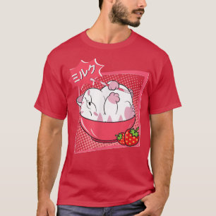 Camiseta Leite de Morango Engraçado Gato Kawaii Anime Neko 