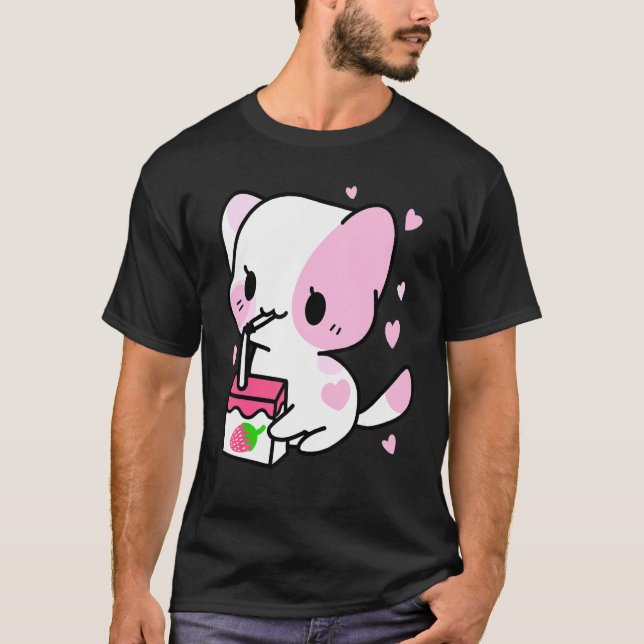 Camiseta Leite de Morango Fofo Gato Chibi Presente Nexo (Frente)