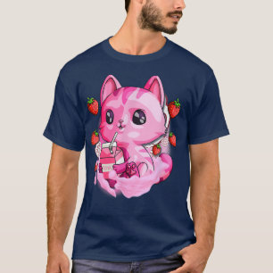 Camiseta Leite de Morango Gato de Gato de Kawaii Kitten Gif