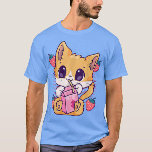 Camiseta Leite de Morango Gato Gato de Kawaii Gatinho Animo