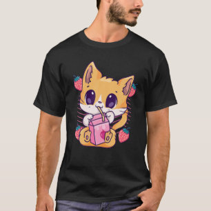 Camiseta Leite de Morango Gato Gato de Kawaii Gatinho Animo