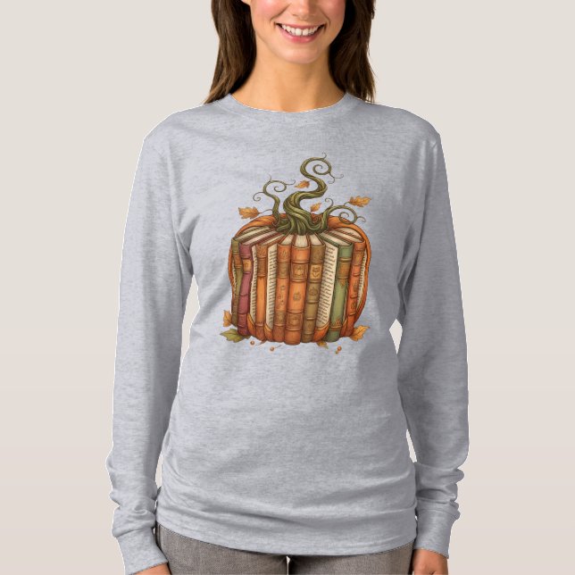 Camiseta Leitor de Pumpkin de Livro Único Autumn Long Sleev (Frente)