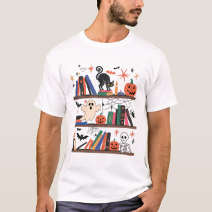 Camiseta Leitura Cozy Halloween Estante de Livros Fantasma