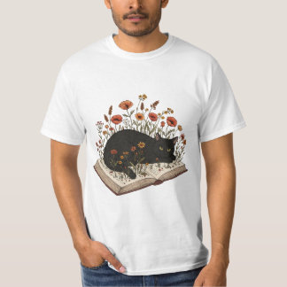 Camiseta Leitura de Livro Floral de Gato Bonito para Mulher