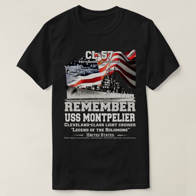 Camiseta LEMBRA-SE USS Montpelier CL57 Light Cruiser Vetera (Frente do Design)
