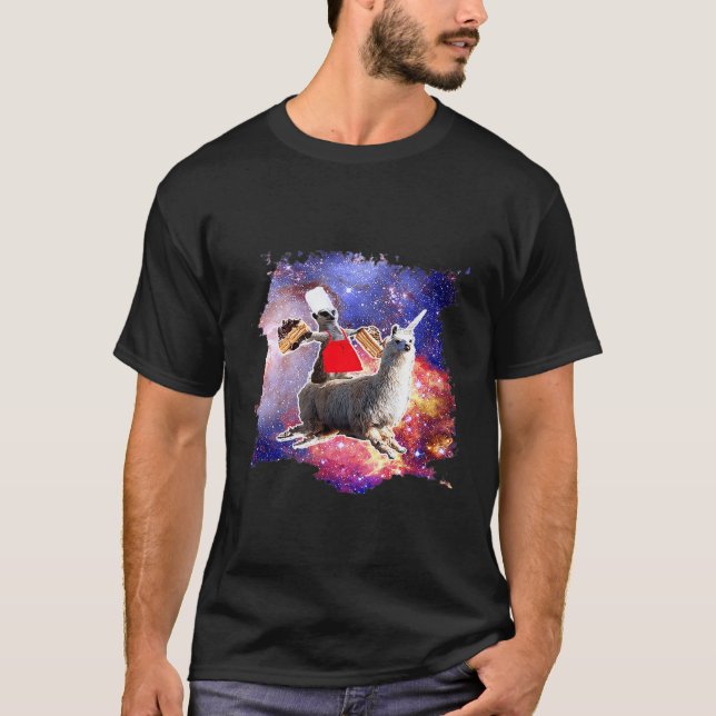 Camiseta Lêmure Montado em Lhama Unicórnio Comendo Bolo (Frente)