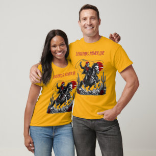Camiseta LENDAS NUNCA MORREM – Cowboy Esqueleto Cavalgando
