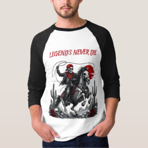 Camiseta LENDAS NUNCA MORREM – Cowboy Esqueleto Cavalgando