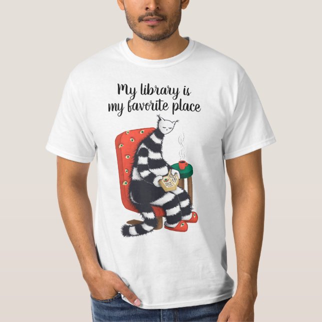 Camiseta Lendo Biblioteca de Diversão de Cat (Frente)