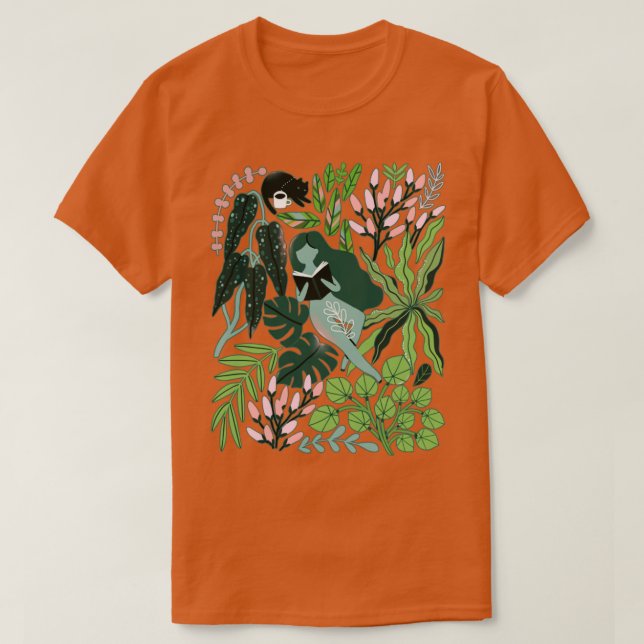 Camiseta Lendo garotas entre as plantas com gatos no ju (Frente do Design)