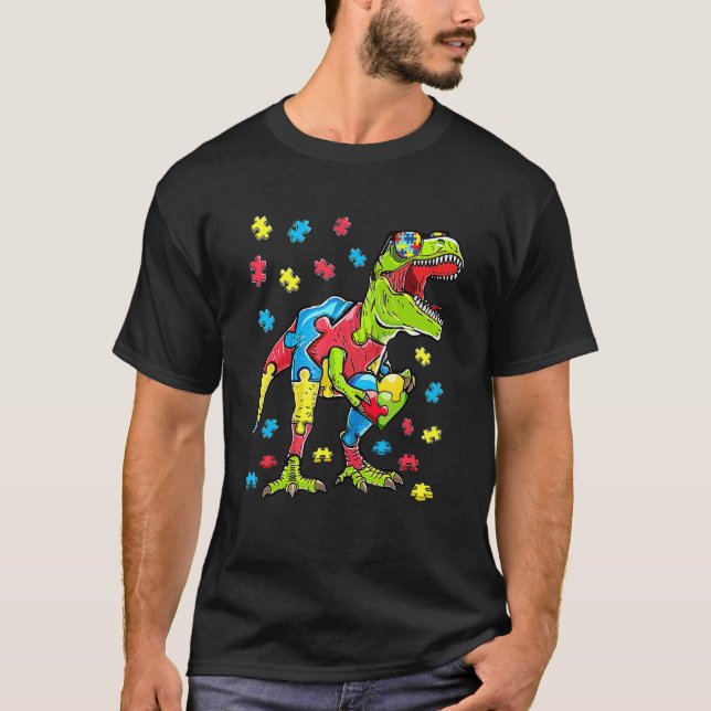 Camiseta Lentes de Sol de Cuz Rex Dinossauro Autismo Consci (Frente)