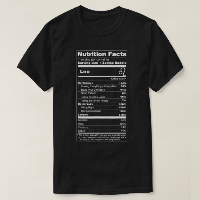 Camiseta Leo Tee Zodiac Sign Nutrition Facts  (Frente do Design)
