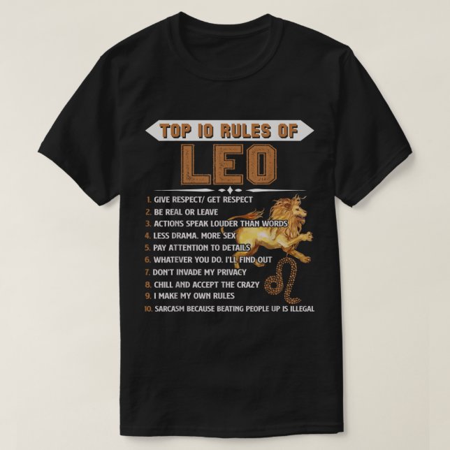 Camiseta Leo Zodiac Birthday Dotou 10 Regras Mais Important (Frente do Design)