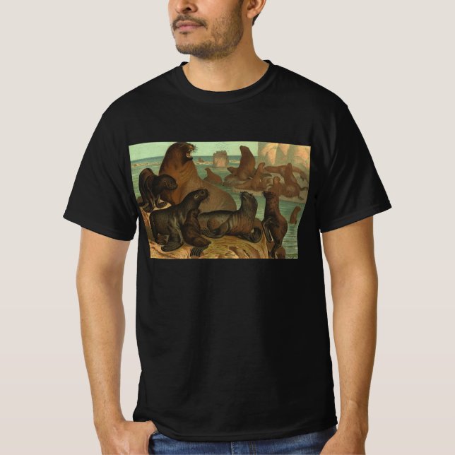 Camiseta Leões-marinhos na Praia, Vida Marinha Antiga Anima (Frente)