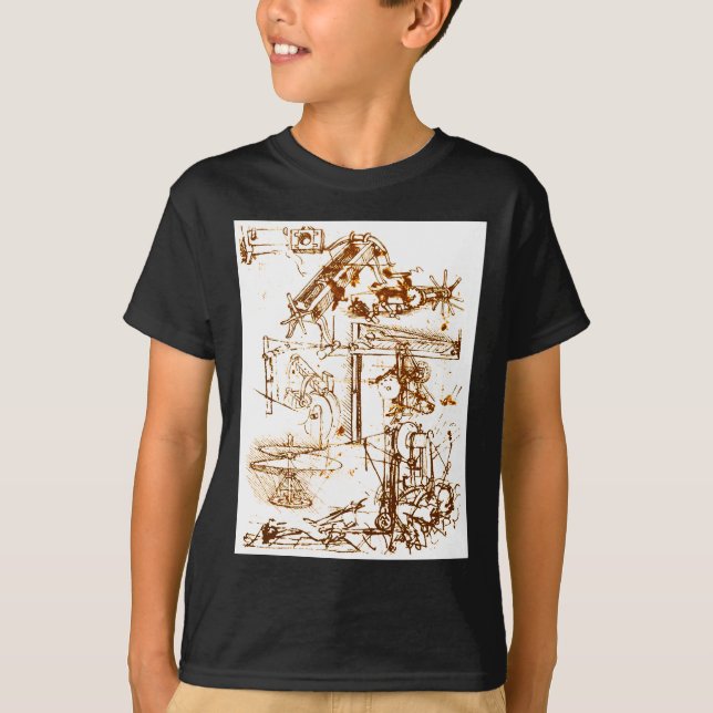 Camiseta Leonardo da Vinci esboçou t-shirt pretos (Frente)