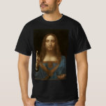 Camiseta Leonardo da Vinci's Salvator Mundi (Cristo de Jesu<br><div class="desc">Salvator Mundi (também conhecido como Salvador do Nosso Mundo) (c. 1500), de Leonardo da Vinci (1452-1519), apresenta Jesus Cristo como Salvador do Mundo. Jesus está vestindo um robe tradicional do Renascimento, com dois dedos estendidos enquanto ele dá um vício. Na mão esquerda, ele tem uma órbita de cristal, que representa...</div>