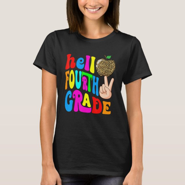 Camiseta Leopard Apple Hello 4th Grade Teacher Kids Back To (Frente)