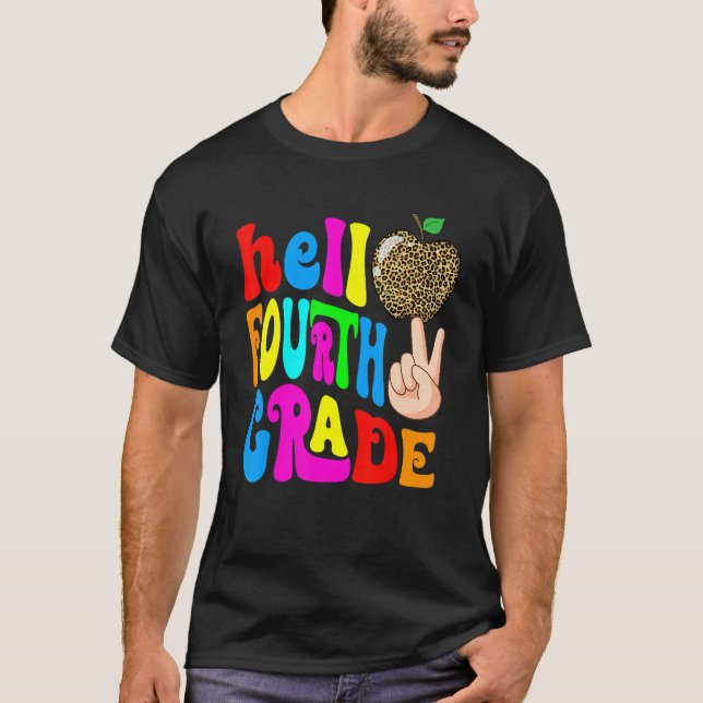 Camiseta Leopard Apple Hello 4th Grade Teacher Kids Back To (Frente)