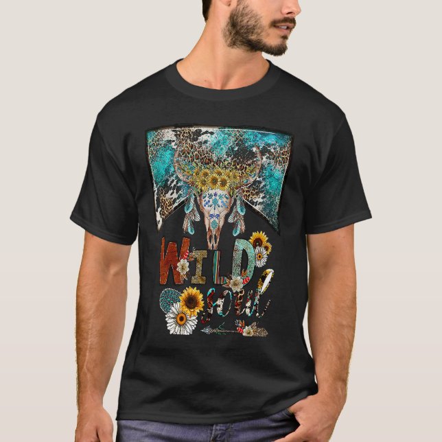 Camiseta Leopard Boho Bull Skull Wild Soul Hippie Western C (Frente)