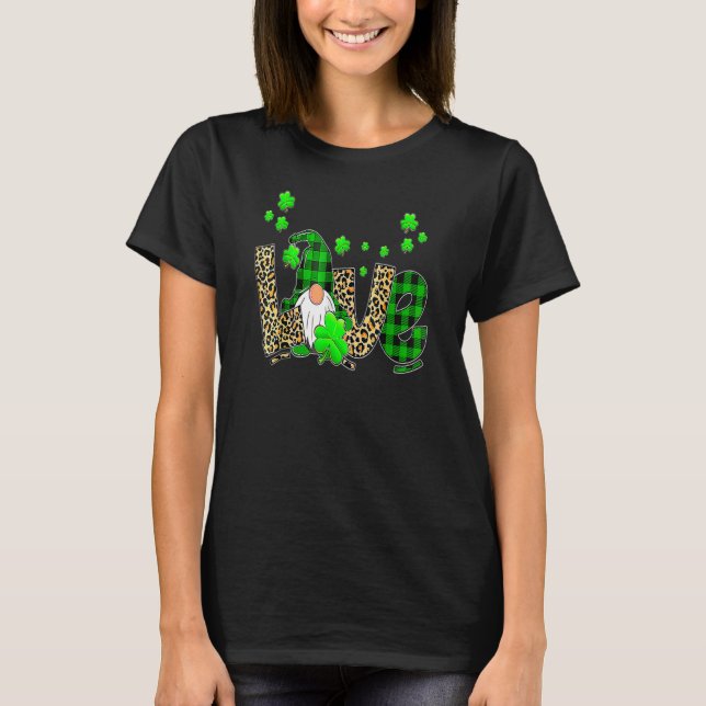 Camiseta Leopard Buffalo Plaid Love St Patricks Day Gnomes  (Frente)