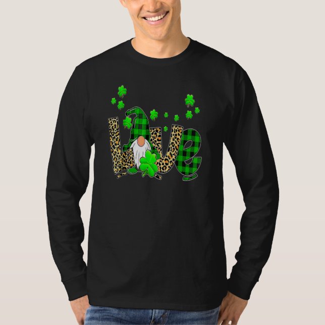 Camiseta Leopard Buffalo Plaid Love St Patricks Day Gnomes  (Frente)