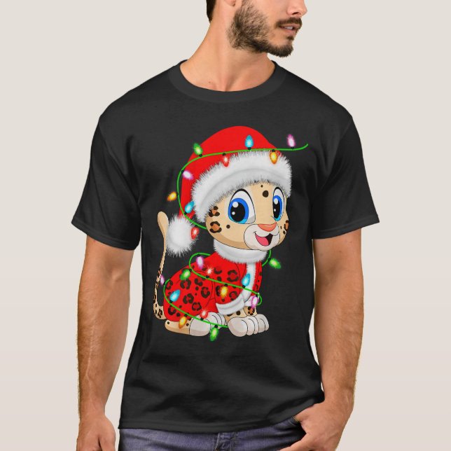Camiseta Leopard Christmas Lights Santa Costume Cute Animal (Frente)