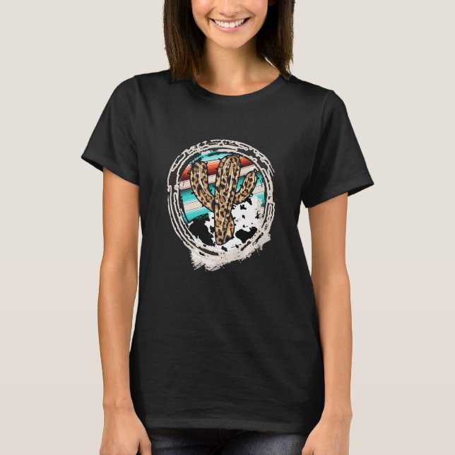 Camiseta Leopard Cow Patterno Cactus Serape Impressão Cowgi (Frente)