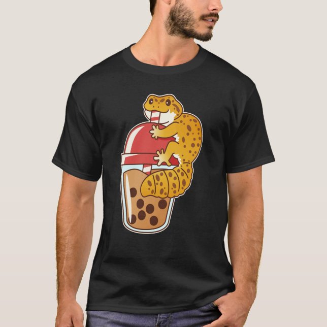 Camiseta Leopard Gecko Bebendo Boba Bubble Tea (Frente)